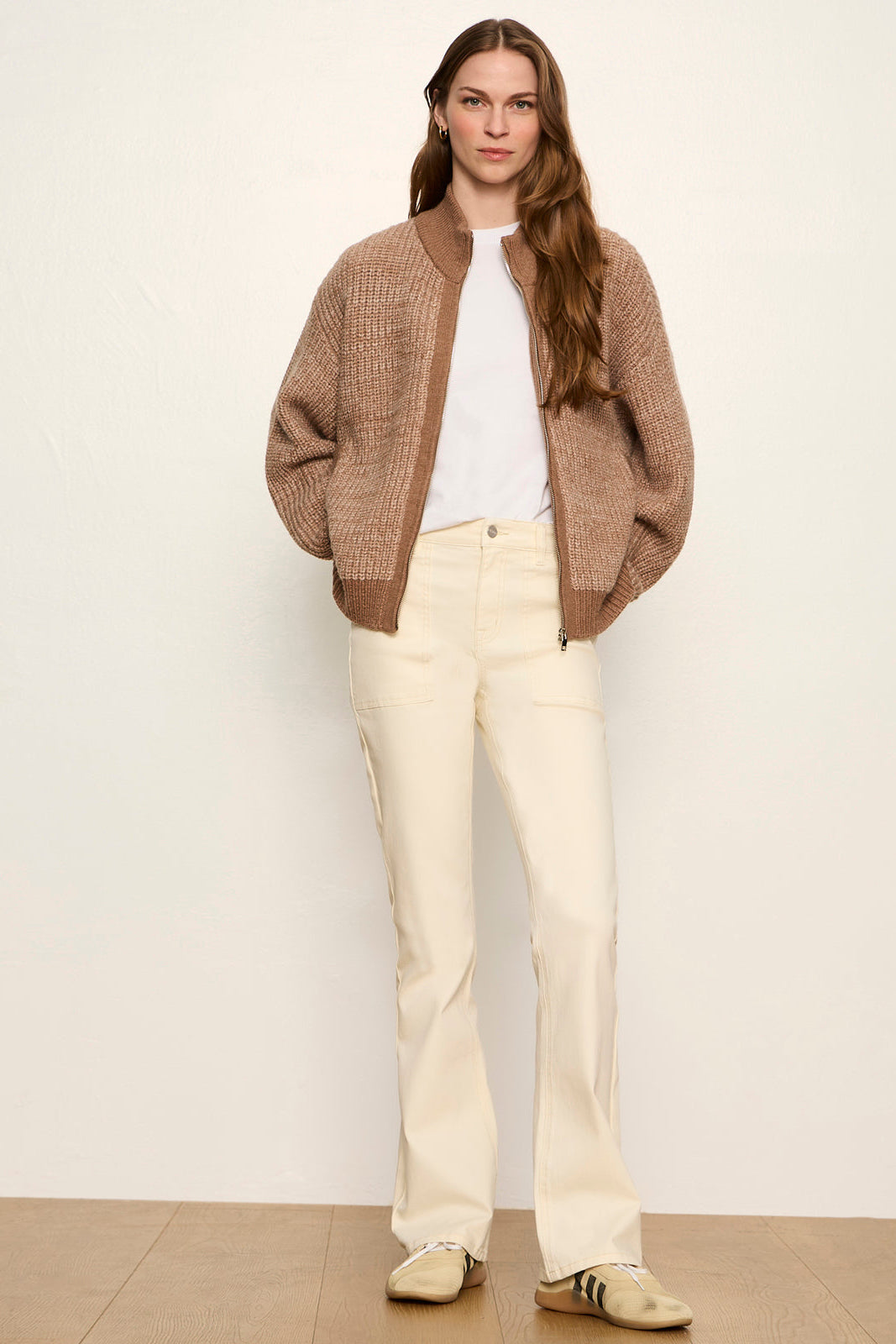 Sanctuary Zip Up Sweater Jacket Heather Cocoa styled