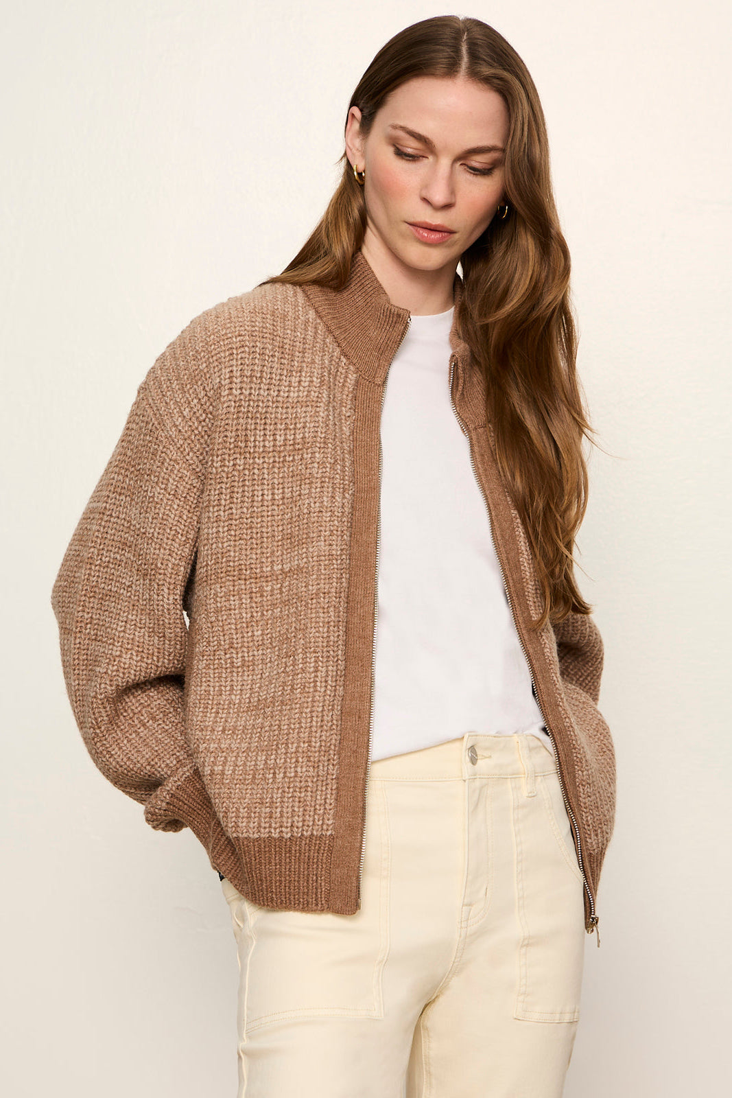 Sanctuary Zip Up Sweater Jacket Heather Cocoa front