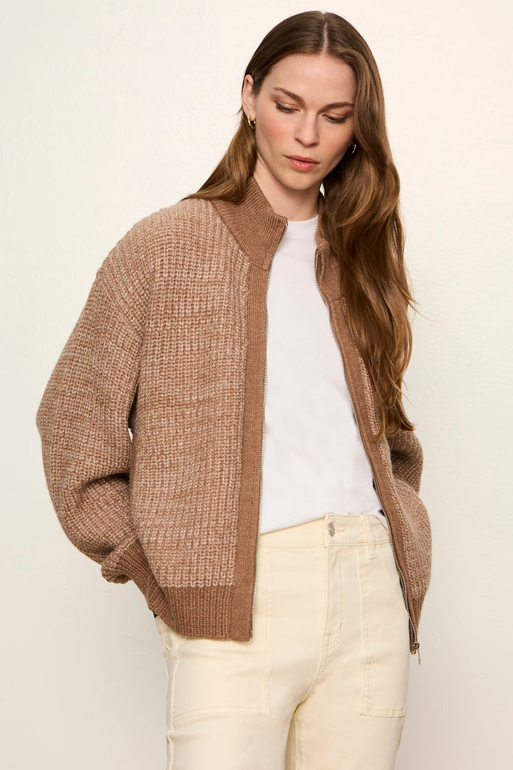 Sanctuary Zip Up Sweater Jacket Heather Cocoa front
