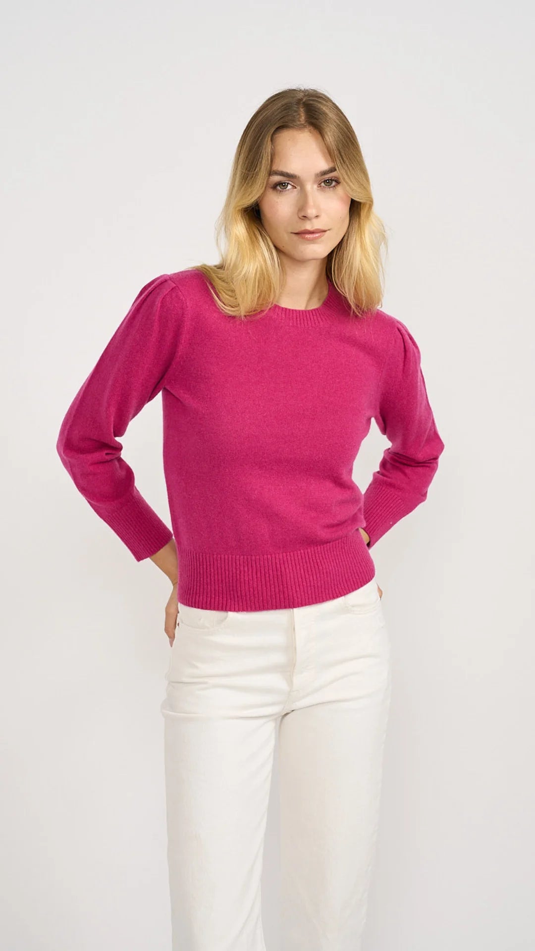 Aria Puff Sleeve Cashmere Crew - Magenta