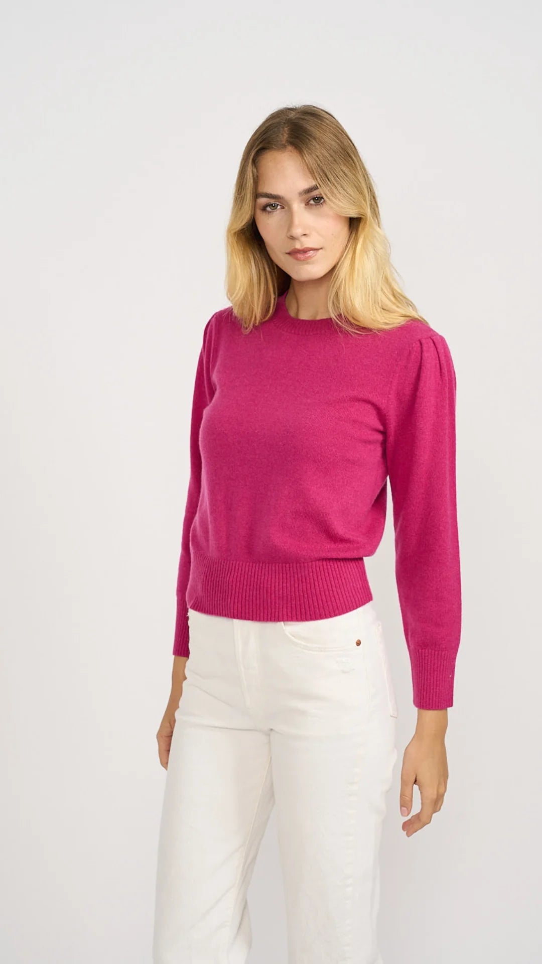 Aria Puff Sleeve Cashmere Crew - Magenta