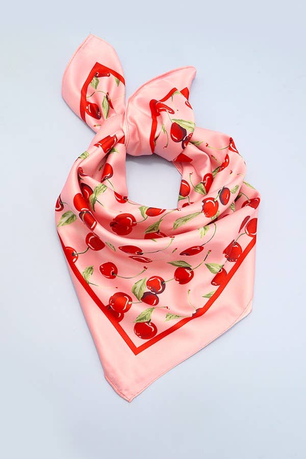 Cherry Print Silky Feel Bandana Scarf - Pink