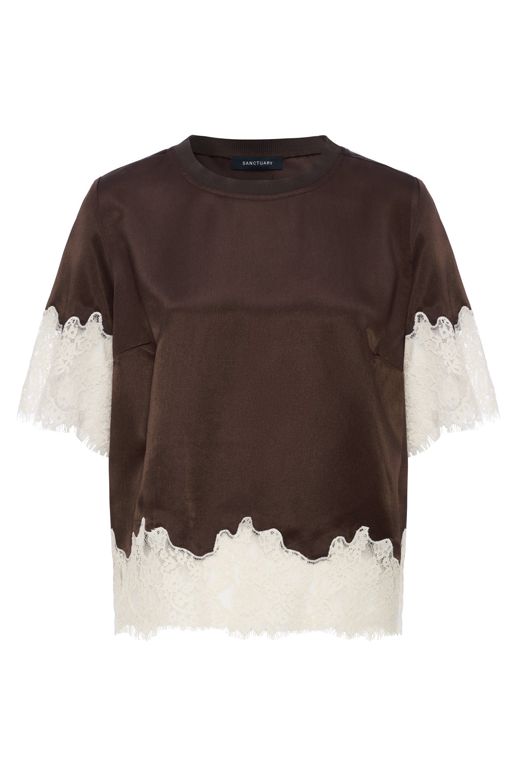 One of a Kind Satin Lace Top in Espresso Martini, styled