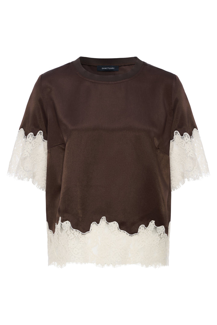 One of a Kind Satin Lace Top in Espresso Martini, styled