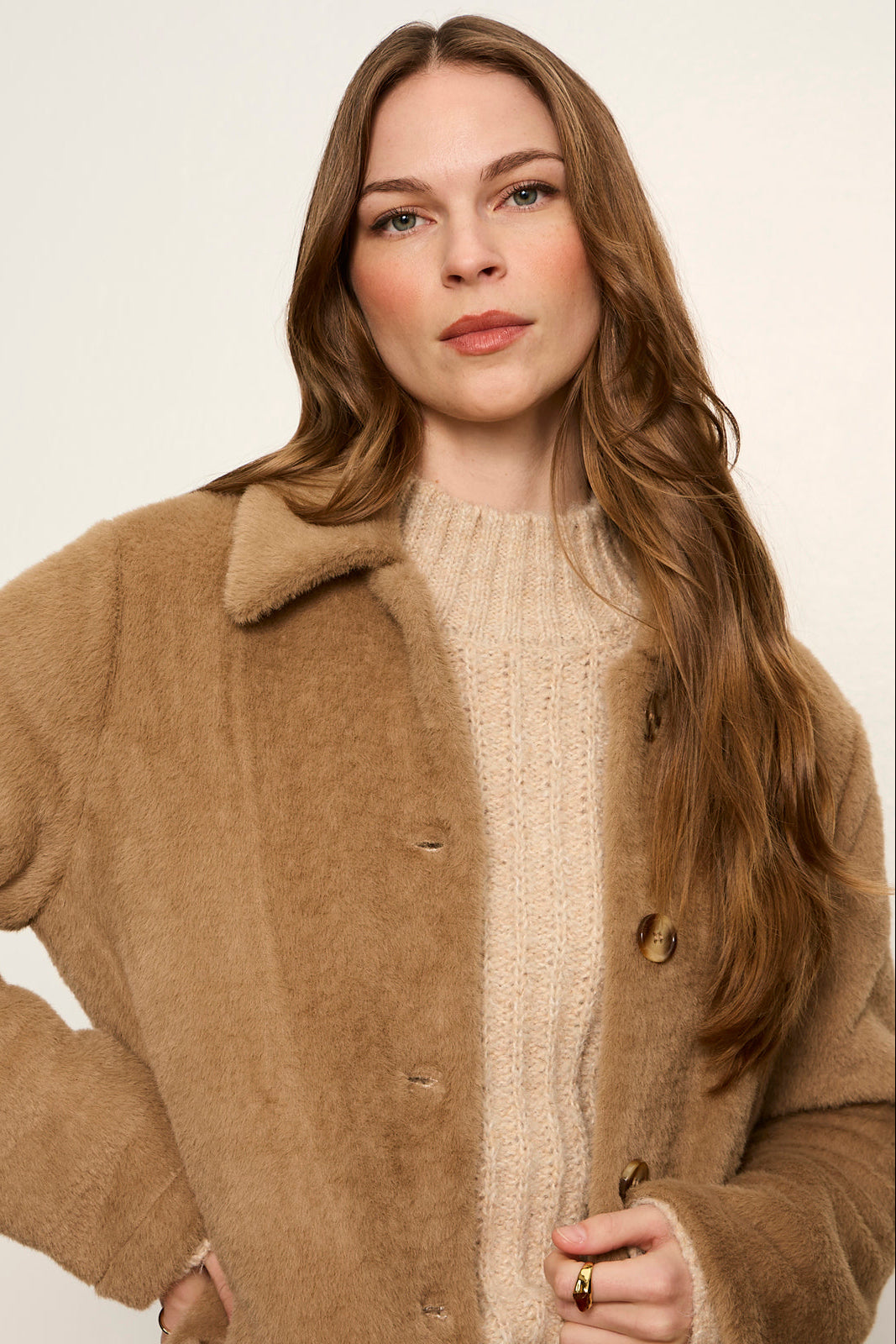 Upside Jacket in Hot Cocoa, detail of collar and buttons
