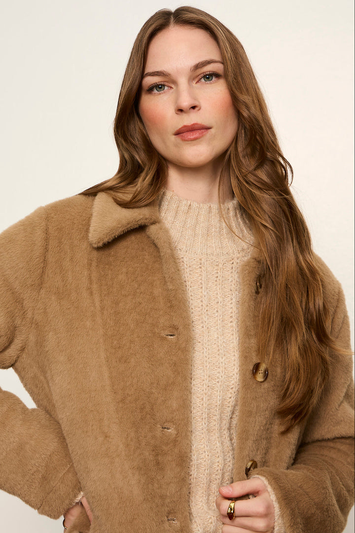 Upside Jacket in Hot Cocoa, detail of collar and buttons