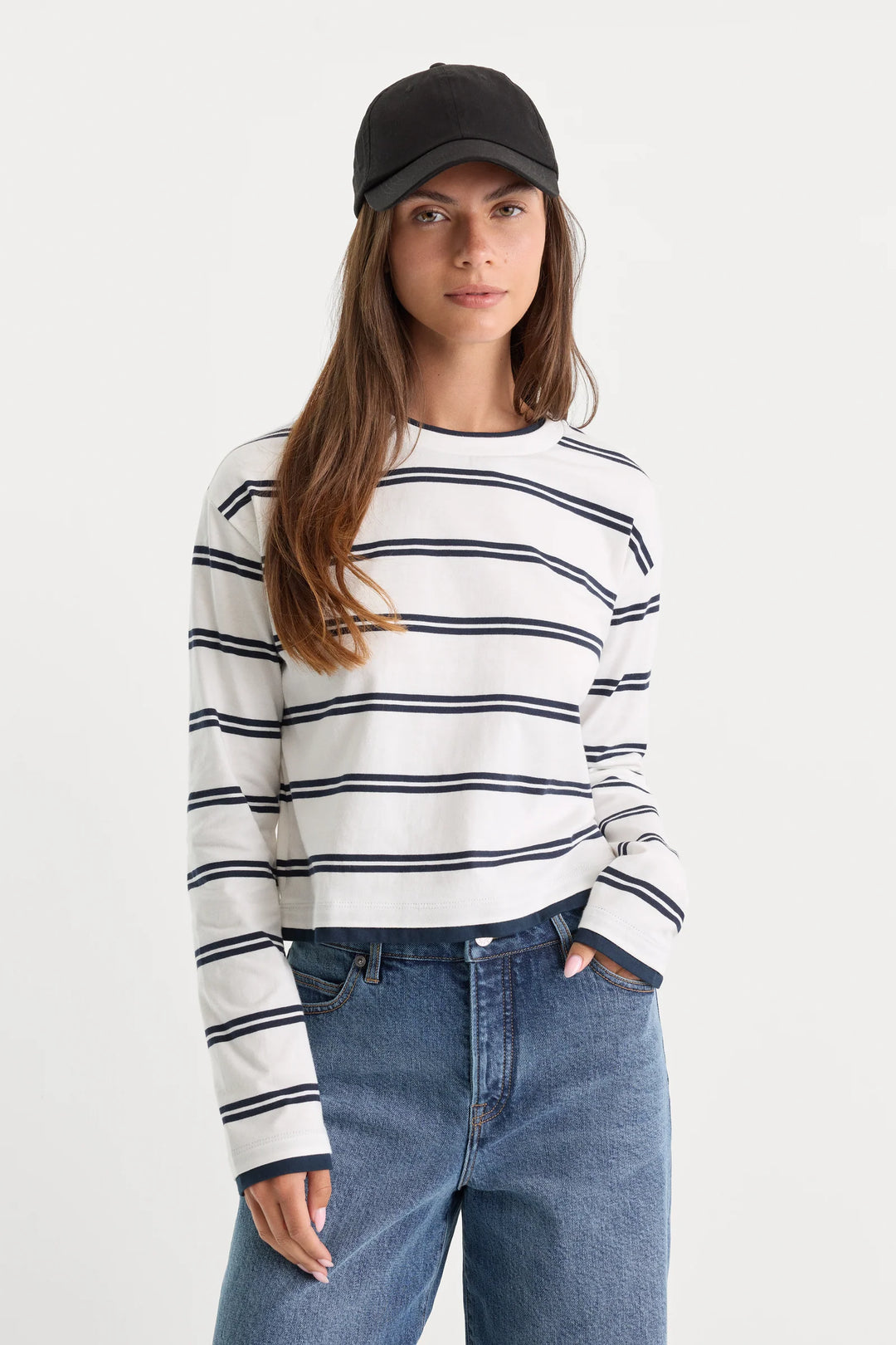 Long Sleeve Layered Tee - Navy Double Stripe