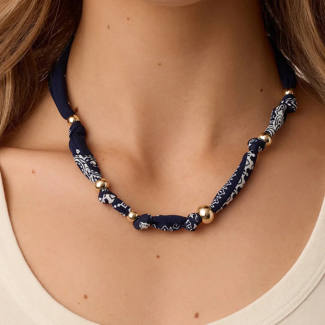 Paisley Bandana Knot Necklace- Gold/Navy