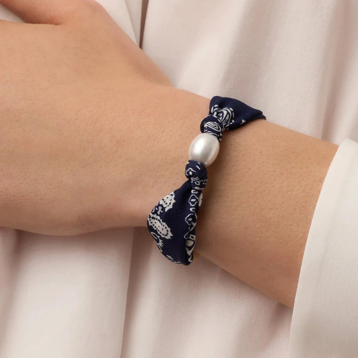 Paisley Bandana Pearl Bracelet- Gold/Navy