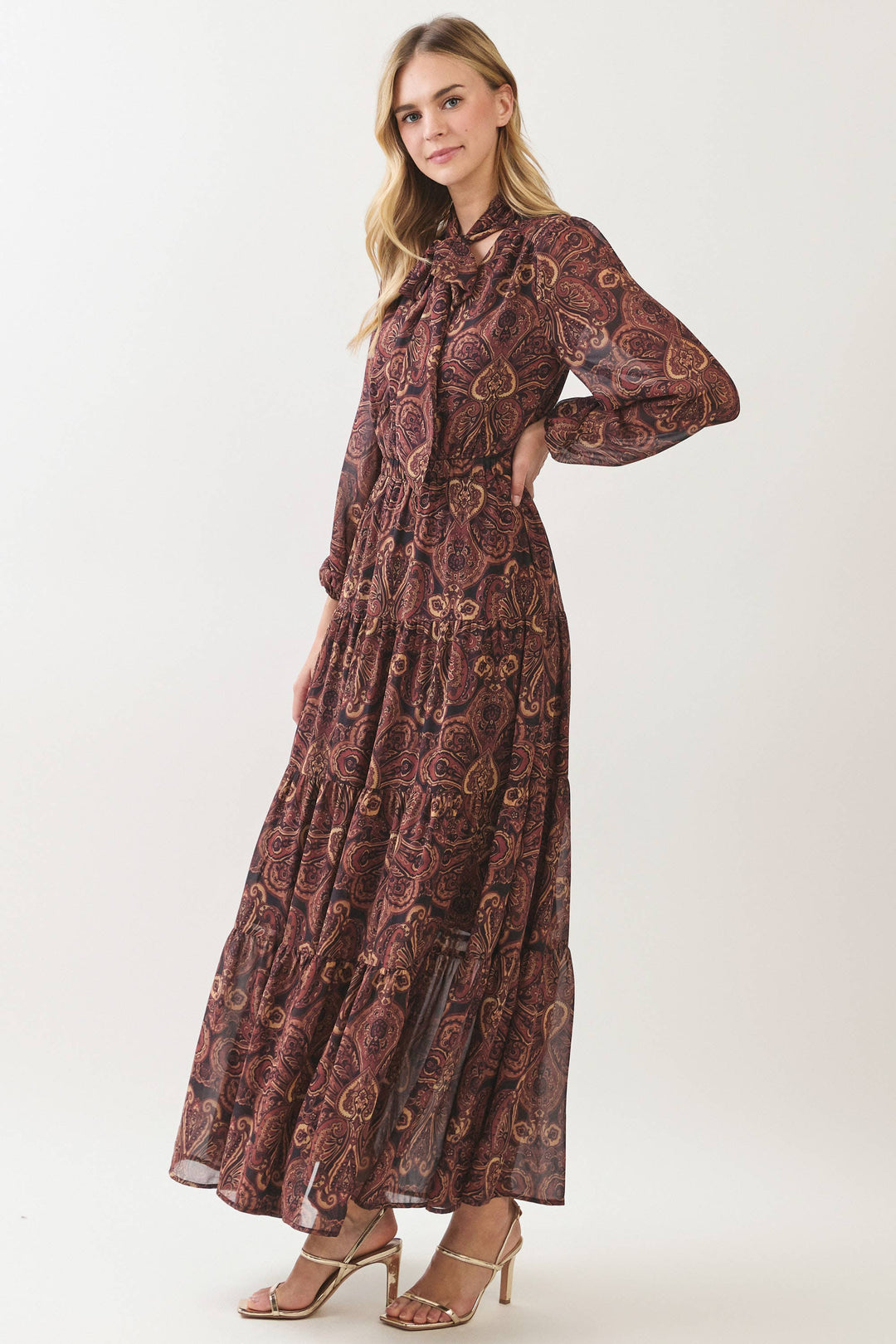 Marlowe Tiered Maxi Dress - Wine Paisley