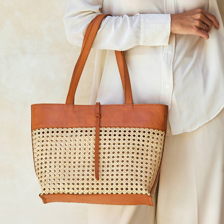 Rattan Cane Weave Tote Bag with Brown Leather Trim - Medium