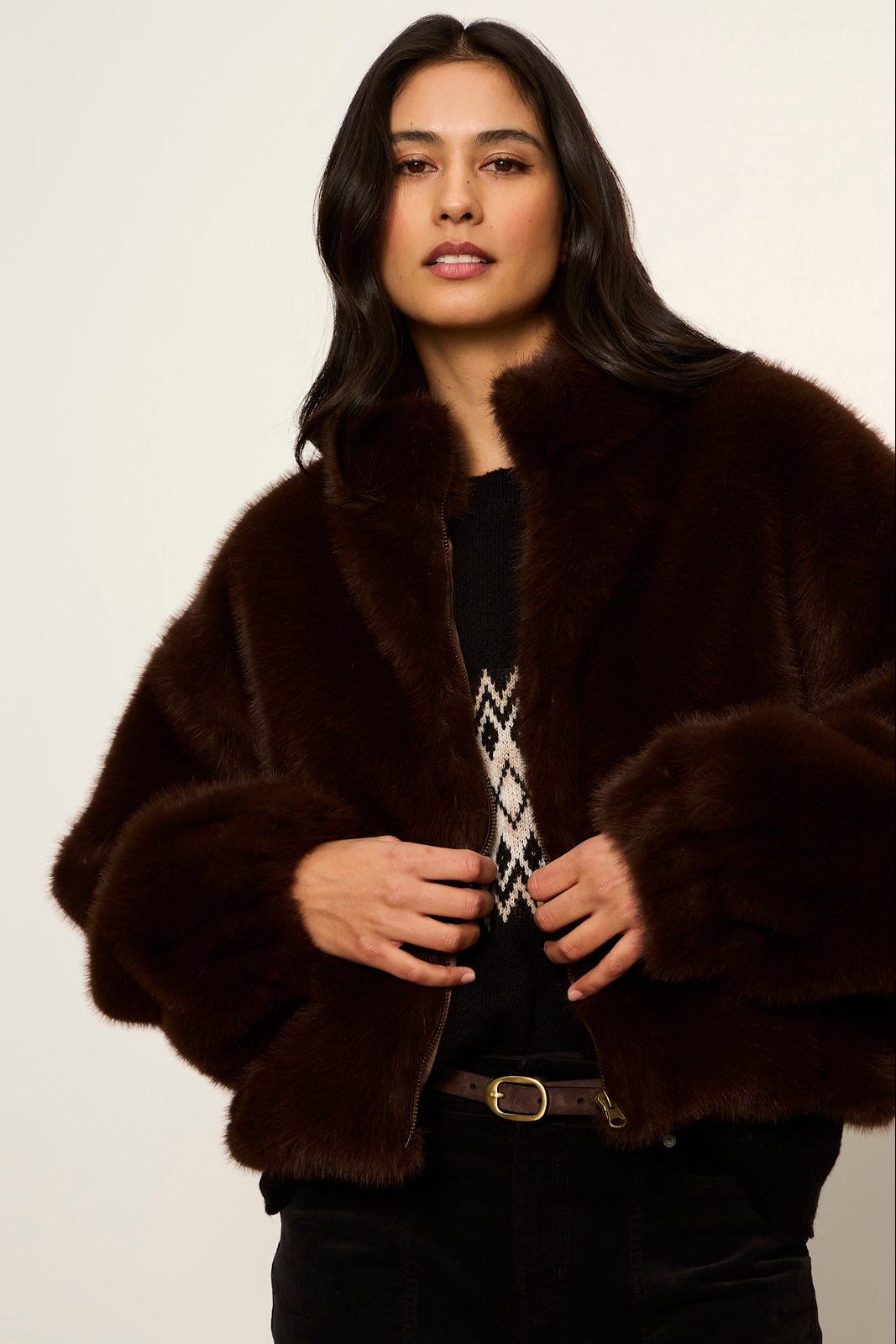 Everest Fur Bomber in Espresso Martini, front view