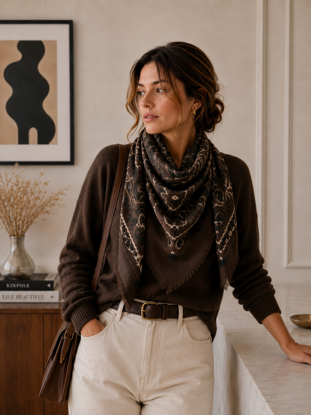 K21 Large Woolen Square Bandana: Khaki