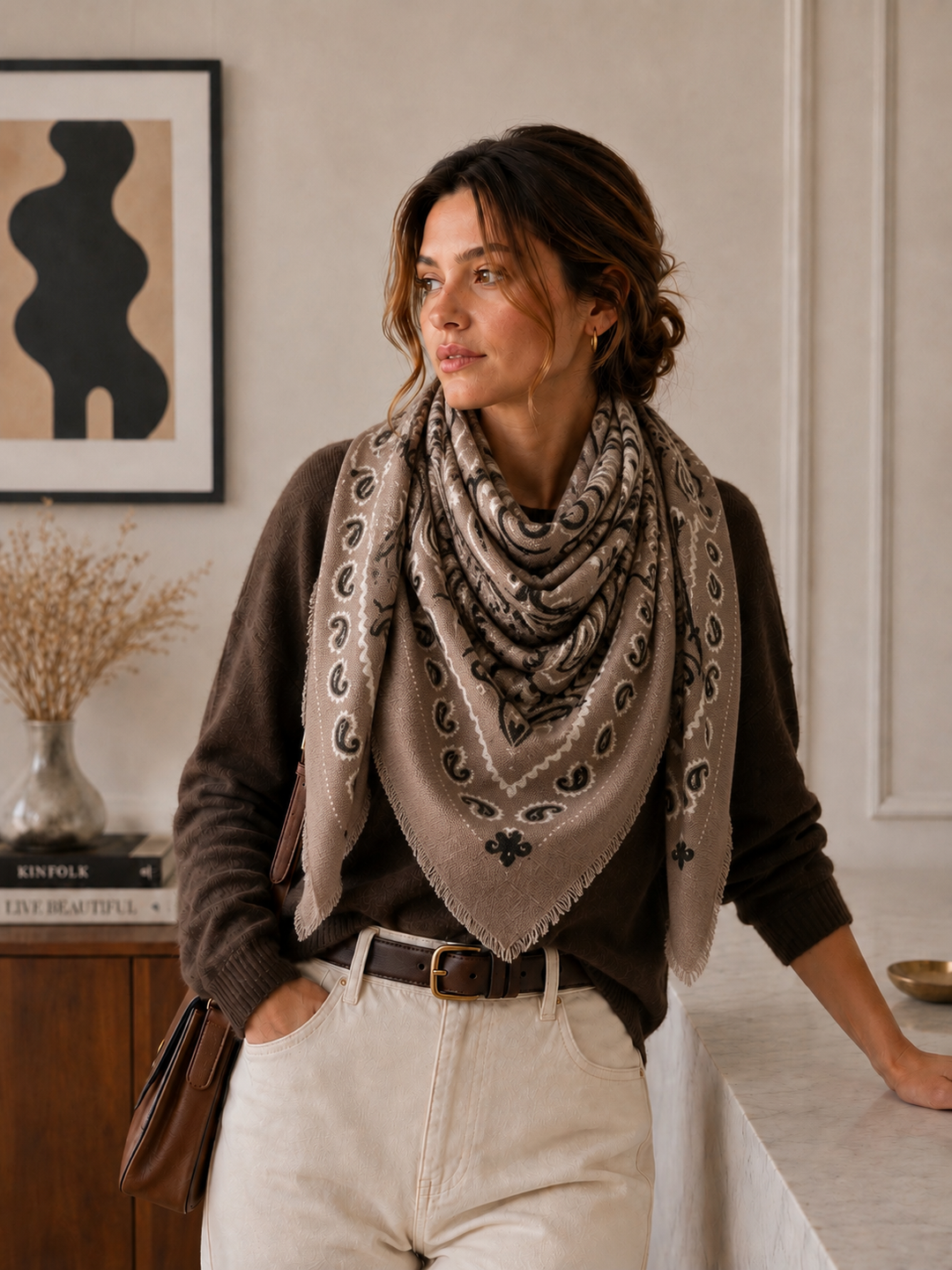 K21 Large Woolen Square Bandana: Cafe