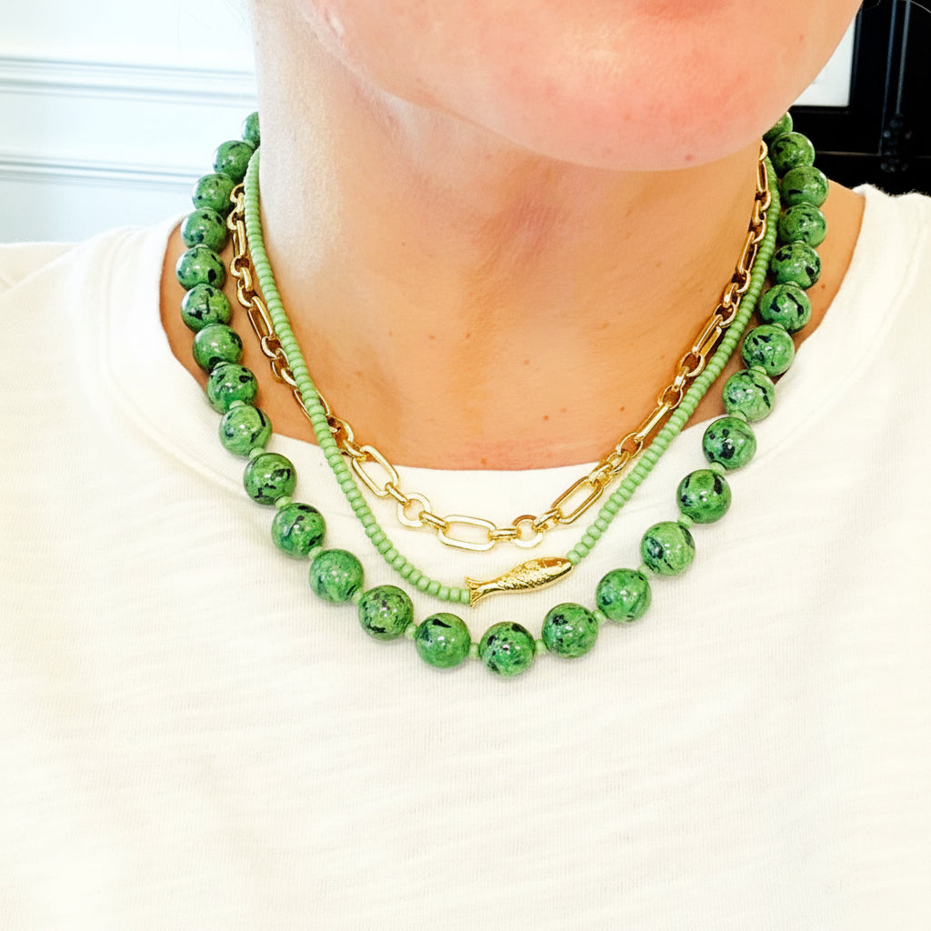 Lucky Fish Beaded Necklace: Kelly Green