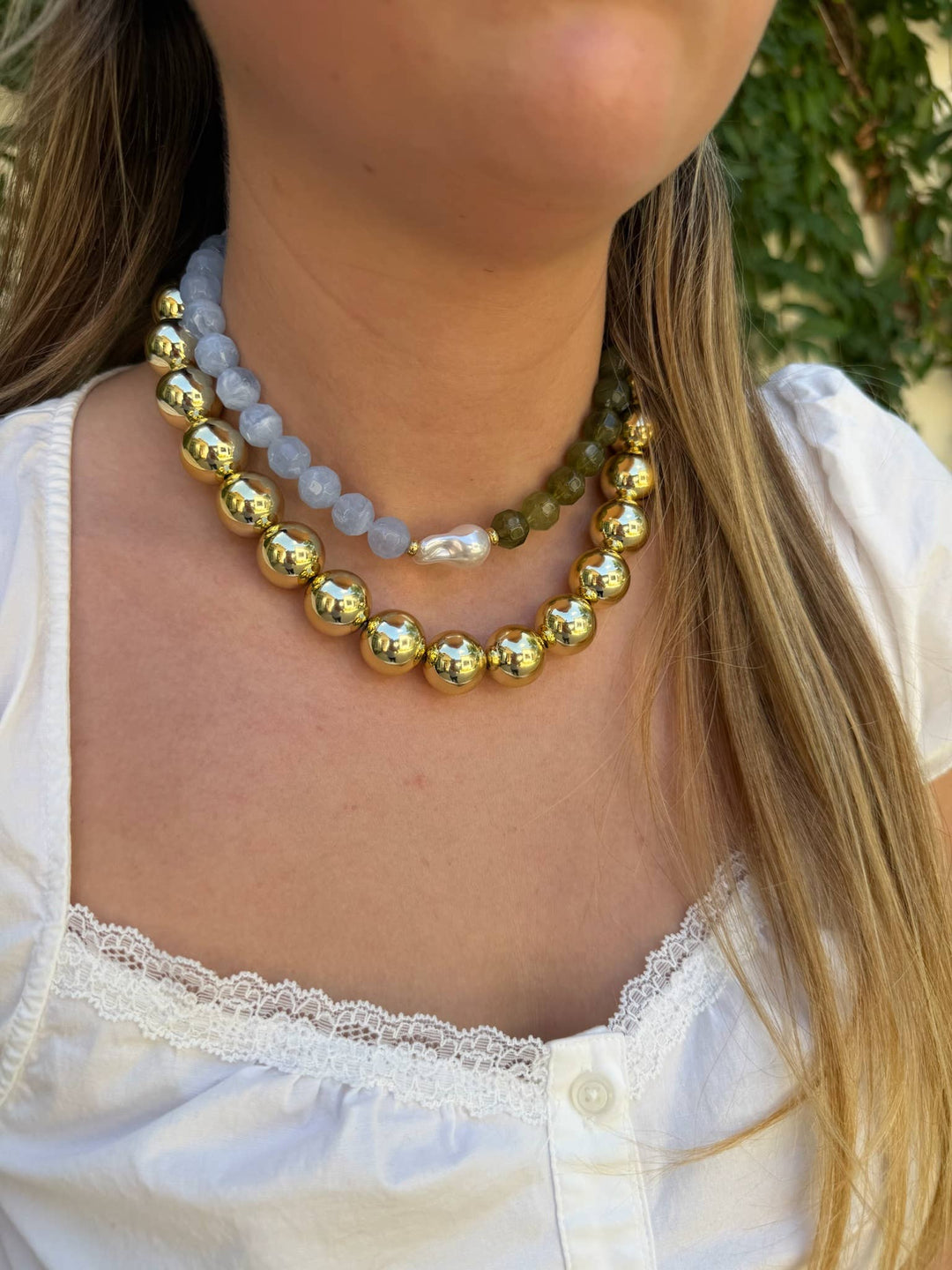 Miles Beaded Necklace with Pearl Accent - Chartreuse/ Blue