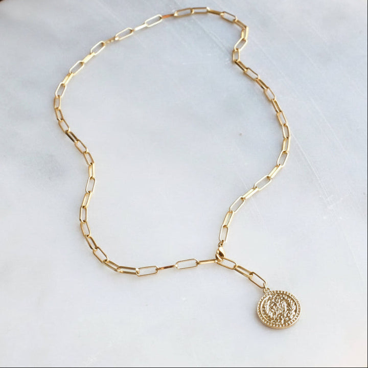 Avery Gold Coin Lariat Necklace: 19 in