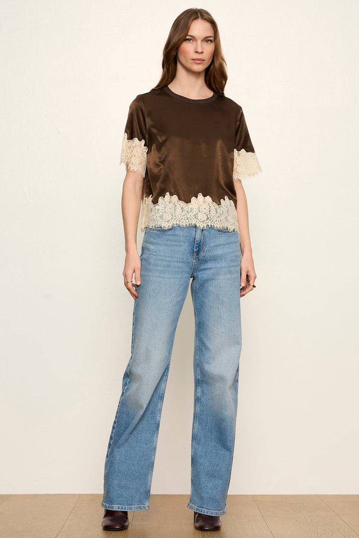 One of a Kind Satin Lace Top in Espresso Martini, detail of lace trim
