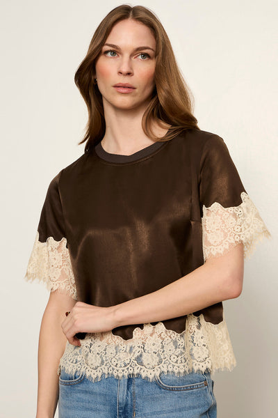 One of a Kind Satin Lace Top in Espresso Martini, front view