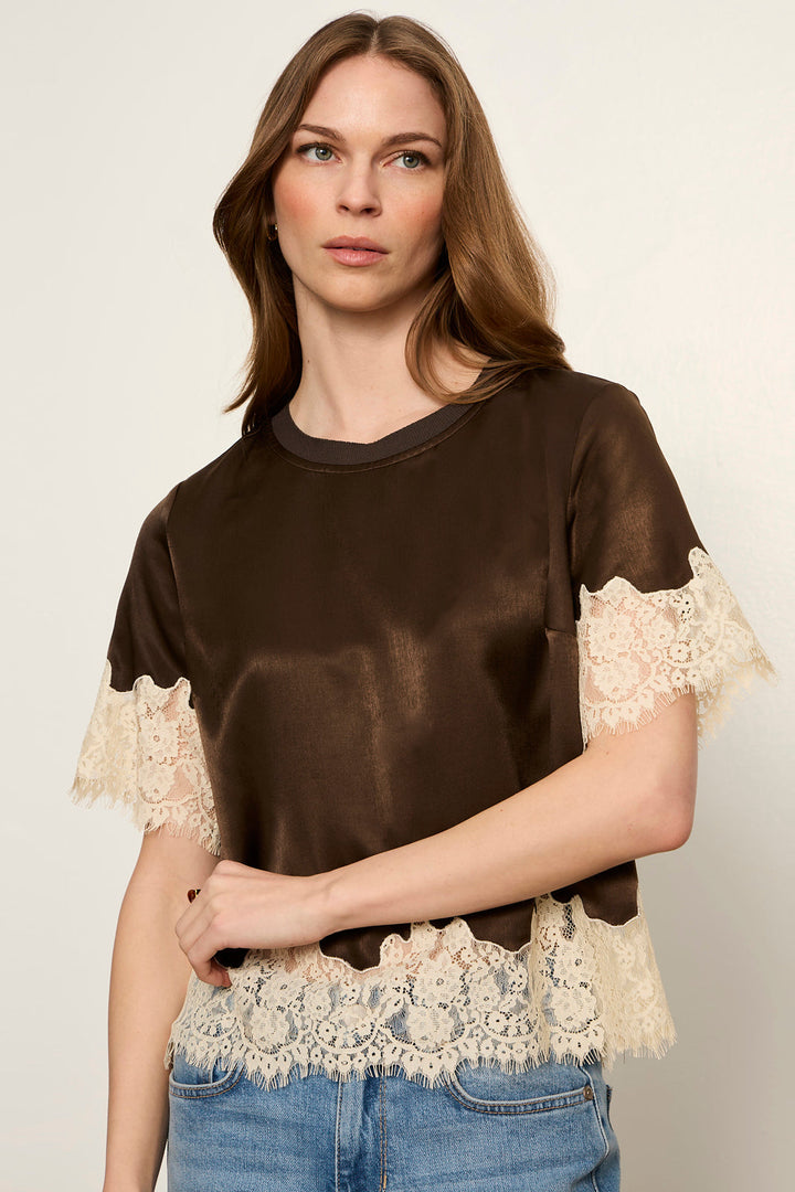 One of a Kind Satin Lace Top in Espresso Martini, front view