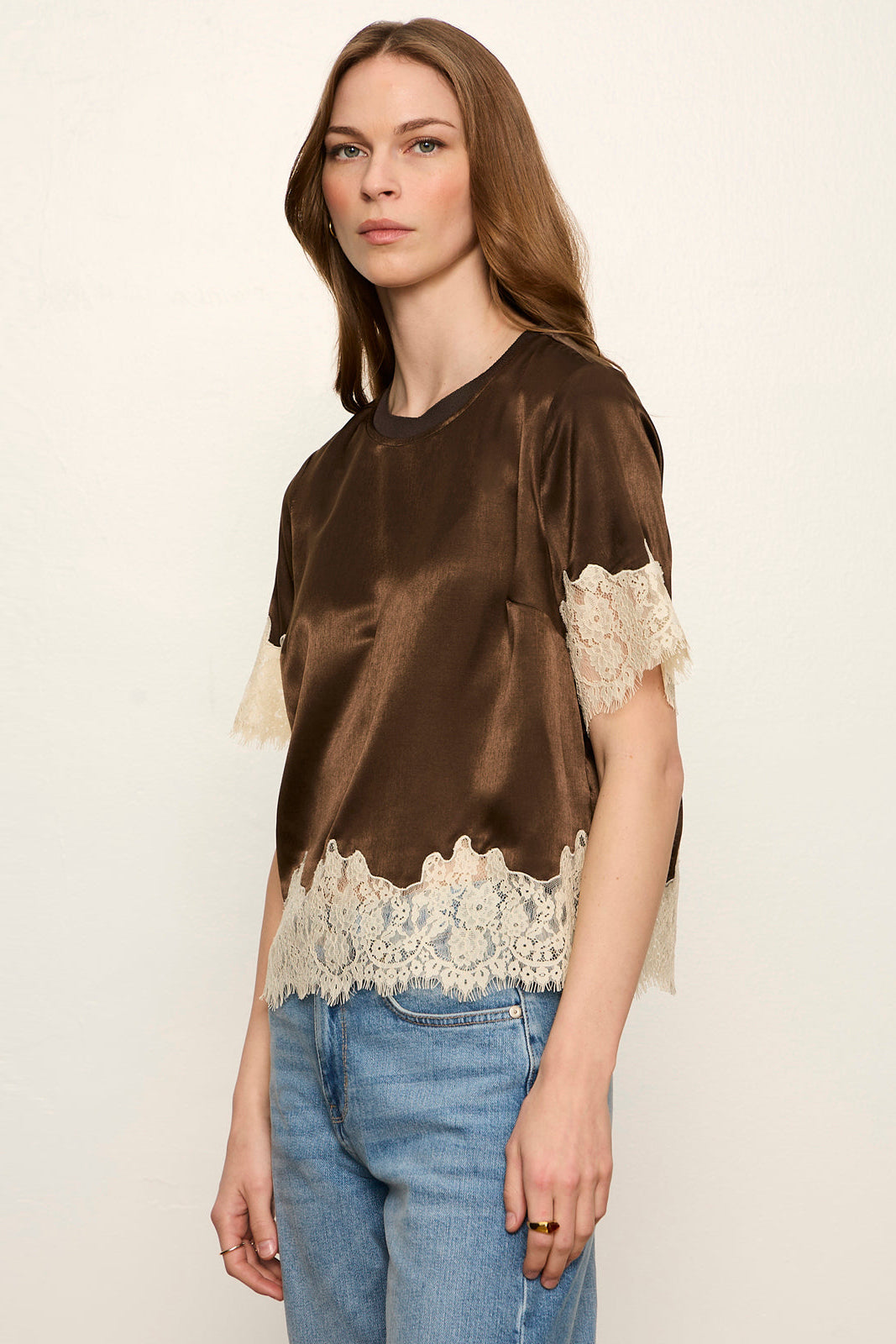 One of a Kind Satin Lace Top in Espresso Martini, back view