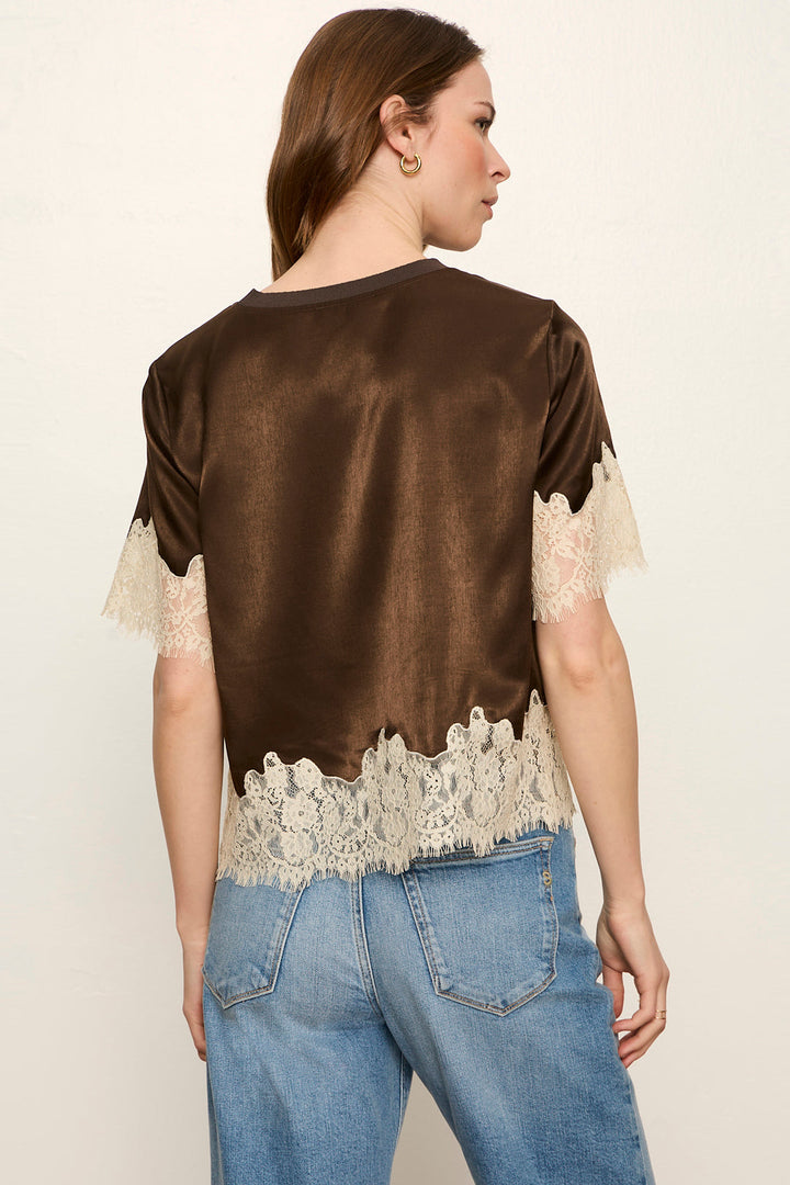 One of a Kind Satin Lace Top in Espresso Martini, full body