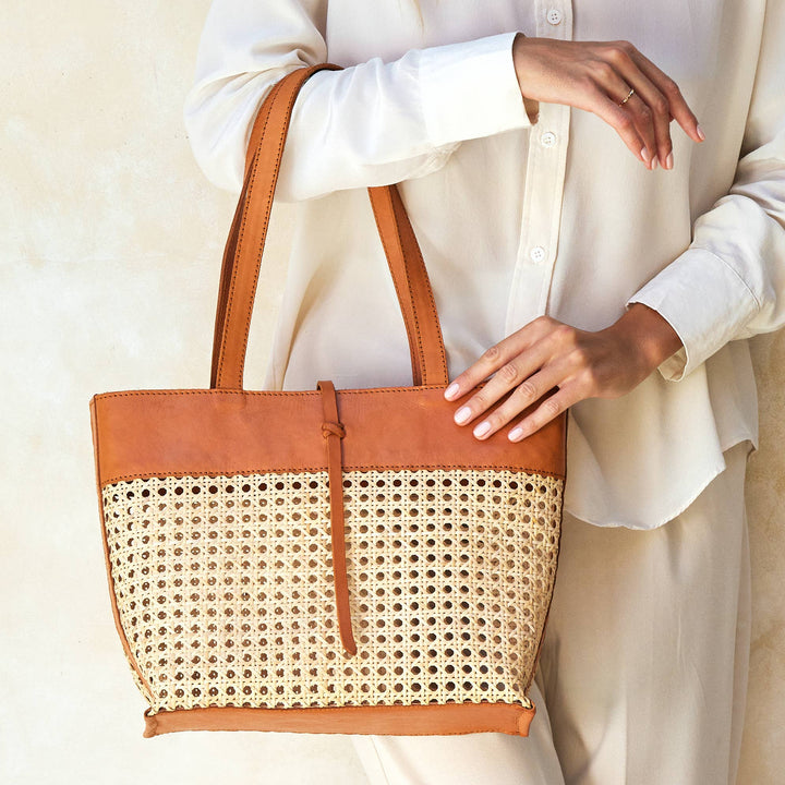 Rattan Cane Weave Tote Bag with Brown Leather Trim - Medium