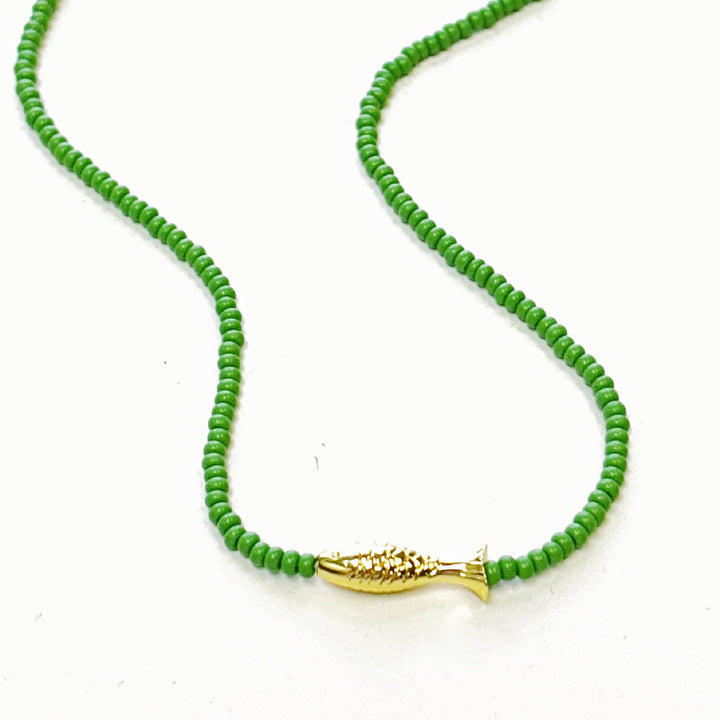 Lucky Fish Beaded Necklace: Kelly Green