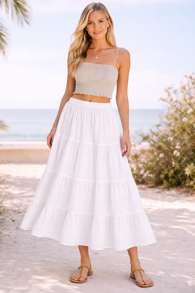 Nylah Tiered Cotton Skirt - White