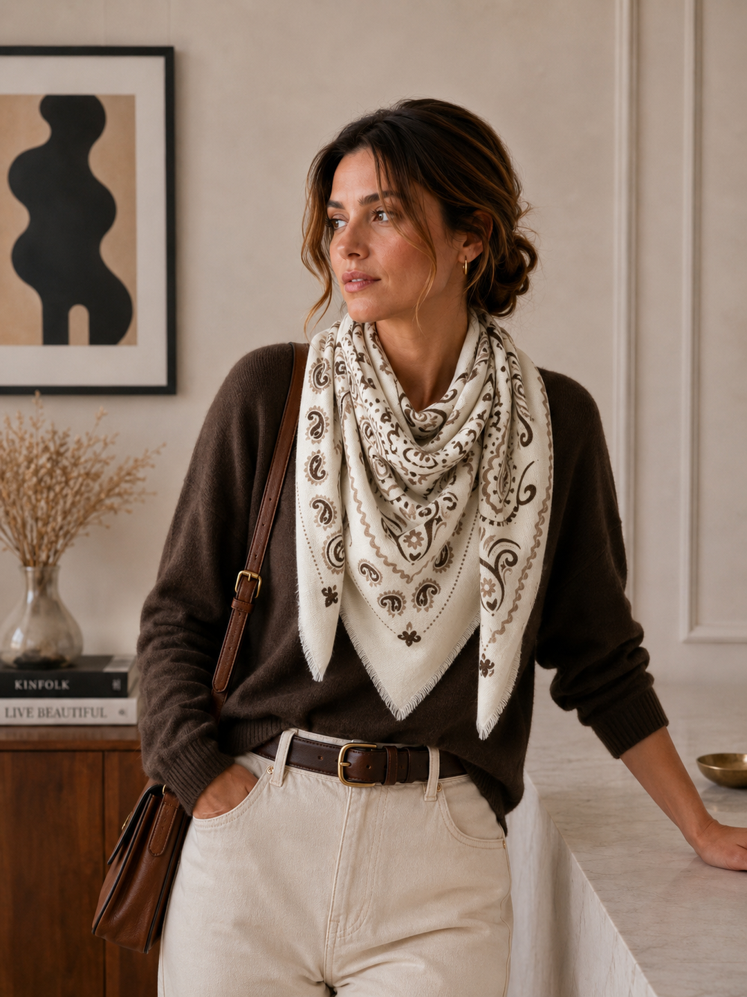 K21 Large Woolen Square Bandana: Khaki
