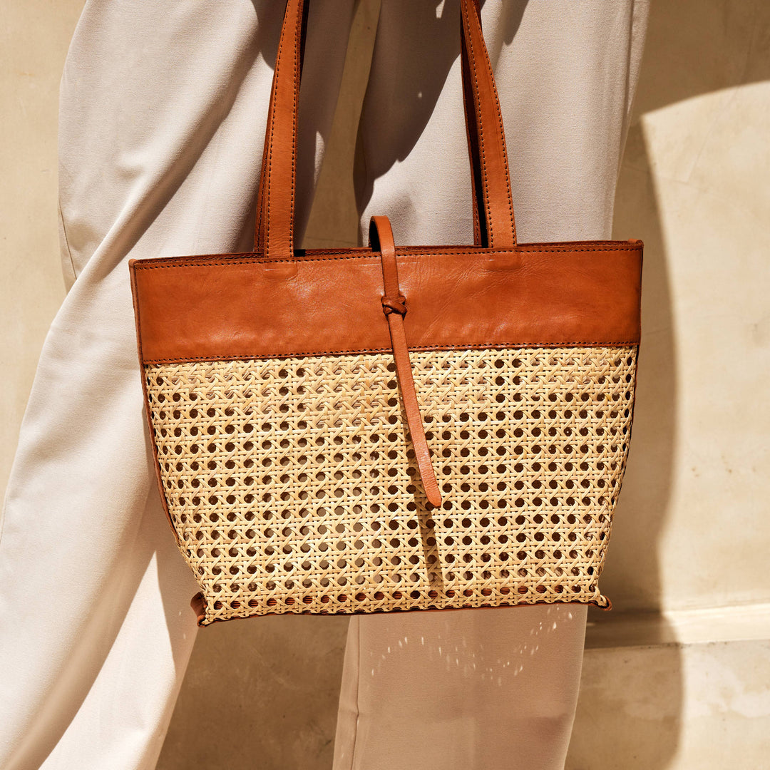Rattan Cane Weave Tote Bag with Brown Leather Trim - Medium