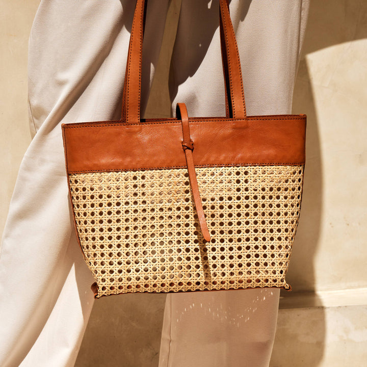 Rattan Cane Weave Tote Bag with Brown Leather Trim - Medium