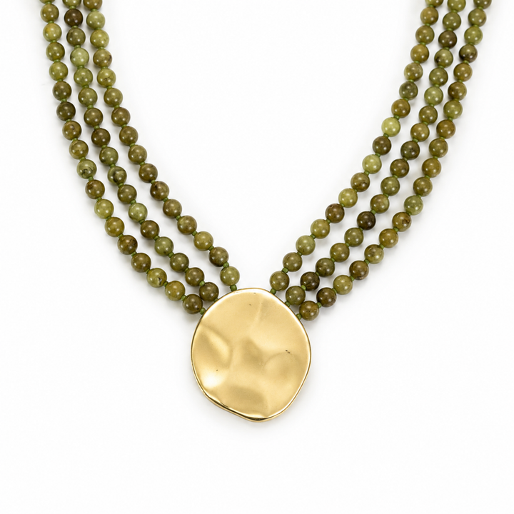 Gorgeously Draping Statement Beaded Necklace - 3 Row Marbled Beads: Olive