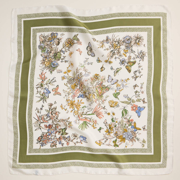 Floral Butterfly Silk Texture Square Scarf - Olive
