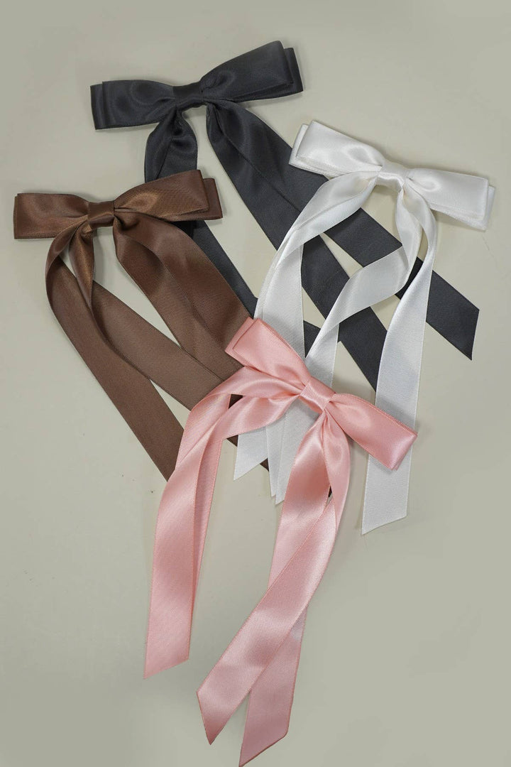 Long Double Bow Satin Hair Clip - Brown
