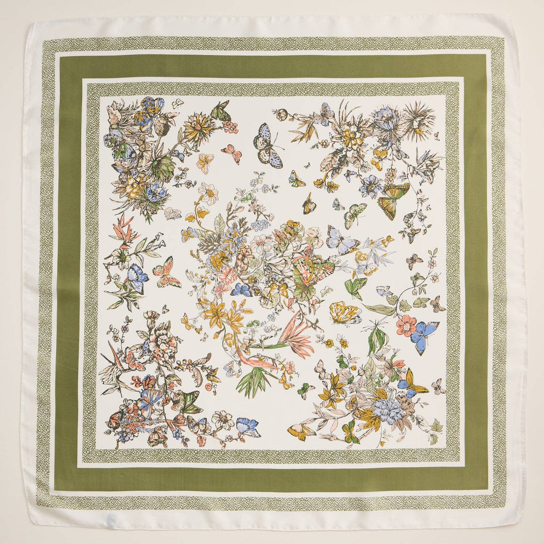 Floral Butterfly Silk Texture Square Scarf - Olive
