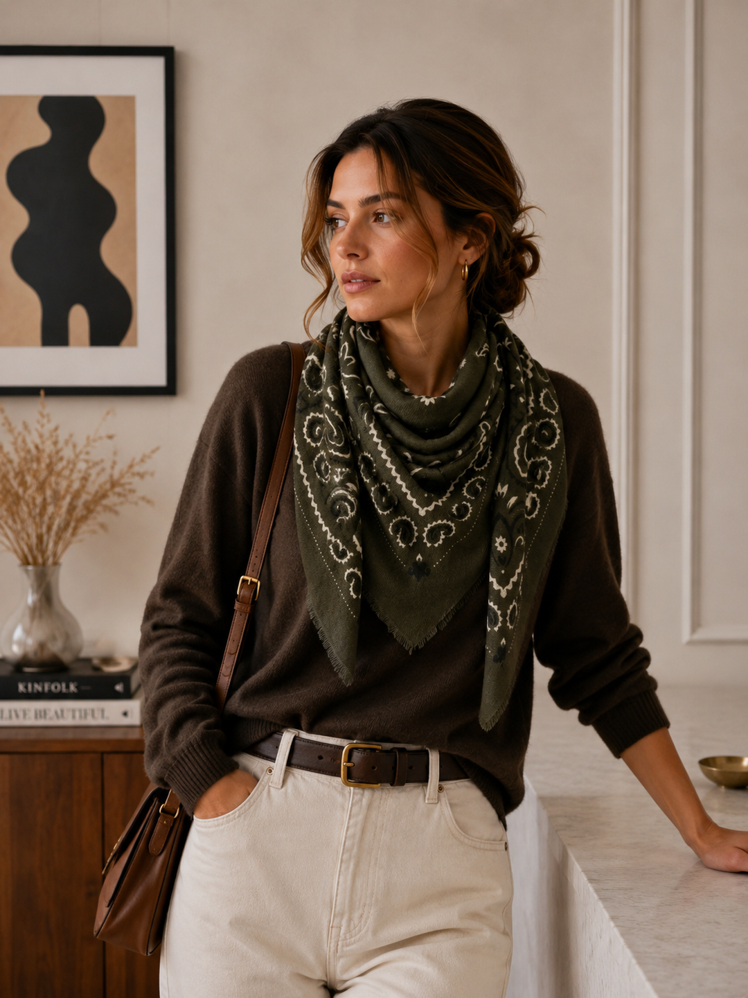 K21 Large Woolen Square Bandana: Khaki