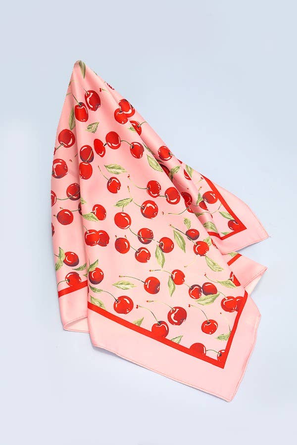 Cherry Print Silky Feel Bandana Scarf - Pink