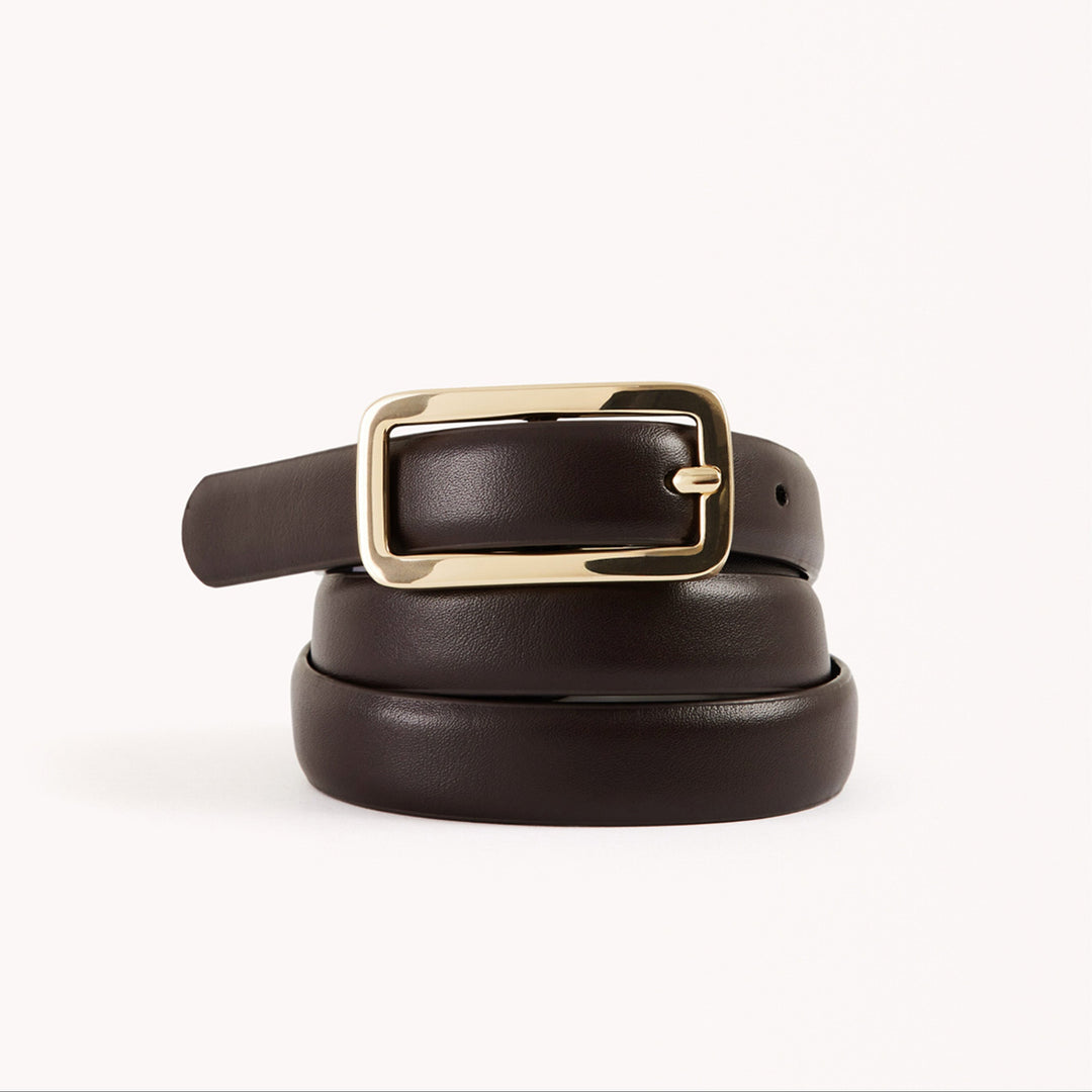 Ada Belt by Billini in Dark Cacao with gold rectangular buckle