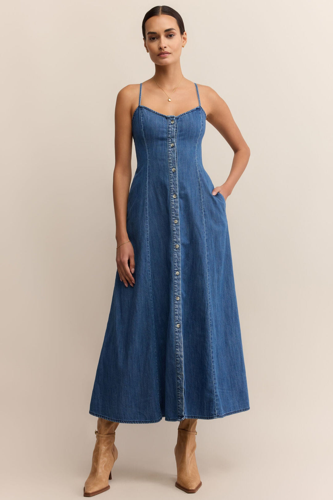 Angel Eyes Denim Midi Dress - Medium Indigo L Angel Eyes Denim Midi Dress - Medium Indigo L