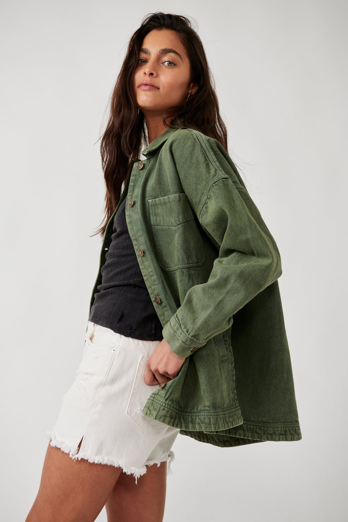 Washed Army Green Off the Shoulder Denim Jacket