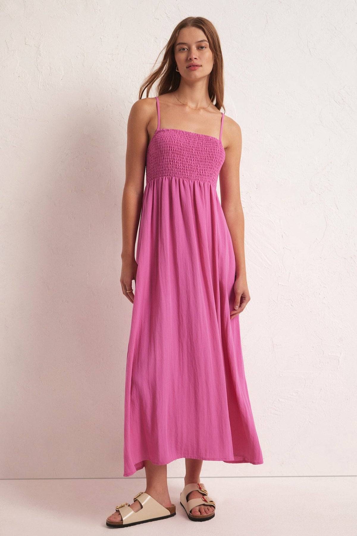 ALONG THE SHORE PINK WOVEN MIDI DRESS