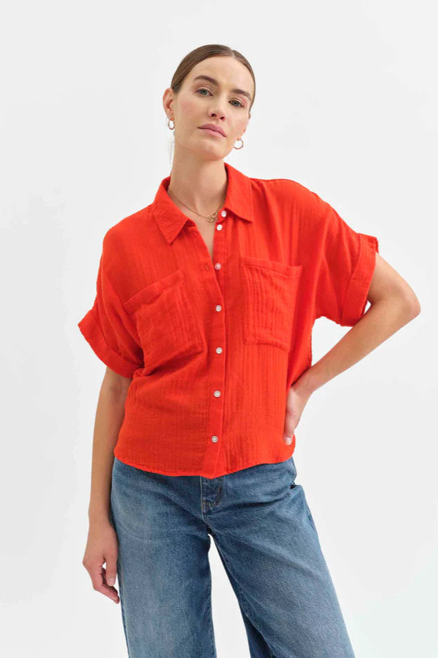 Kate Button Up - Bright Coral