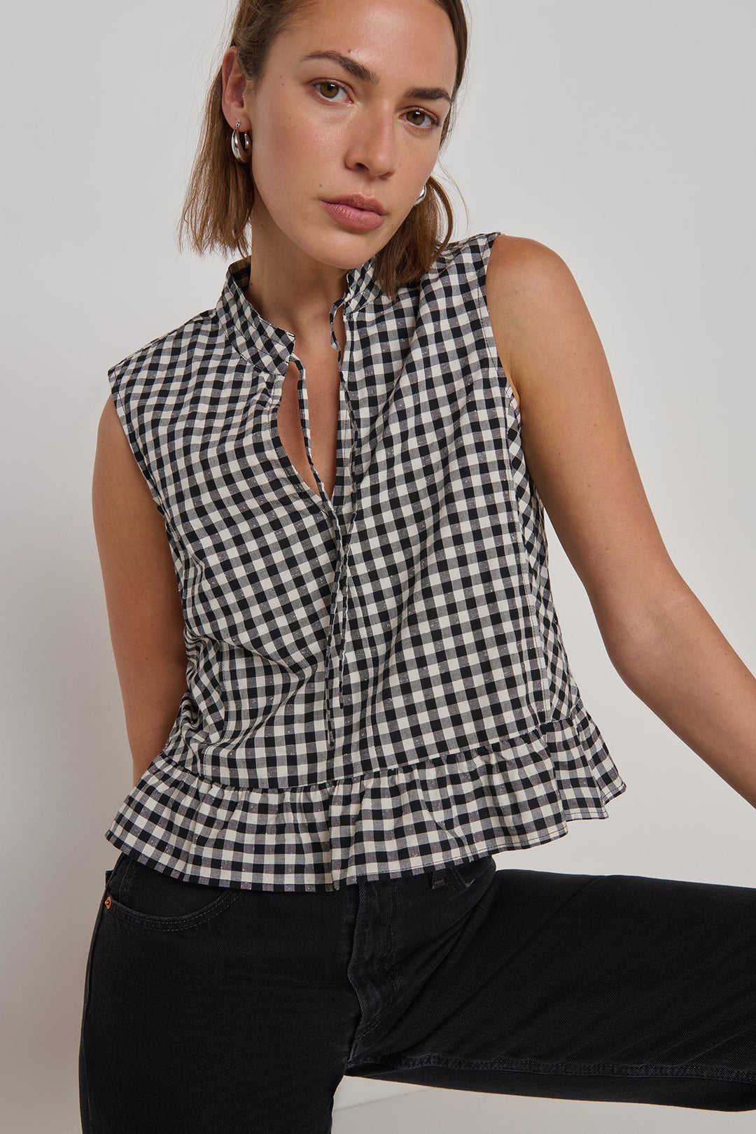 Nation LTD Dana Tank in black and cream gingham with peplum hem and neck tie