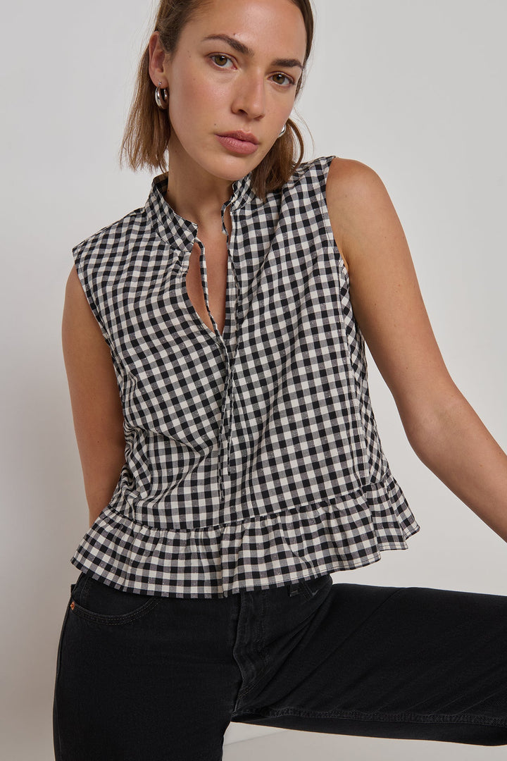 Nation LTD Dana Tank in black and cream gingham with peplum hem and neck tie