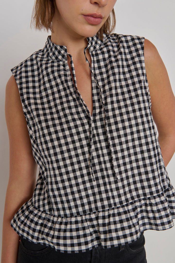 Nation Dana Tank Black Cream Gingham peplum detail