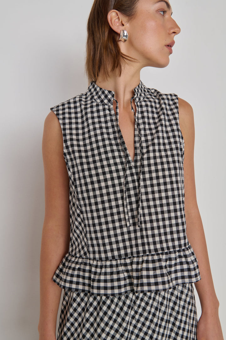 Nation Dana Tank Black Cream Gingham neck tie detail