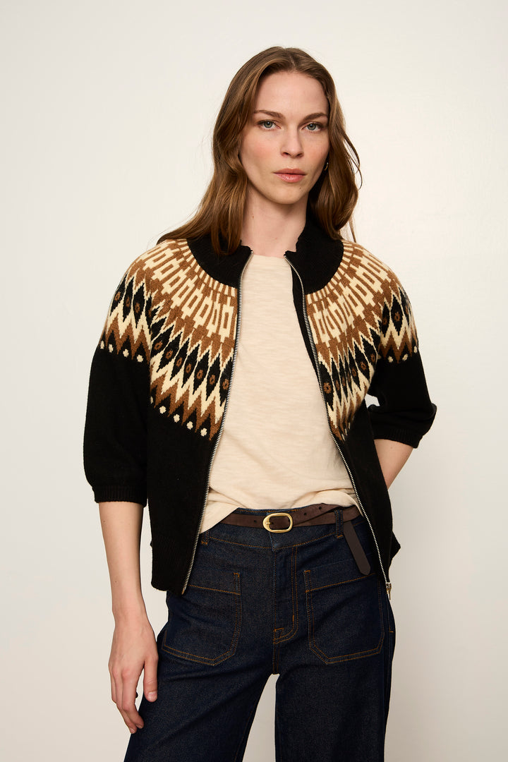 Sanctuary Fairisle Zip Up in Poconos black camel and cream half sleeve sweater