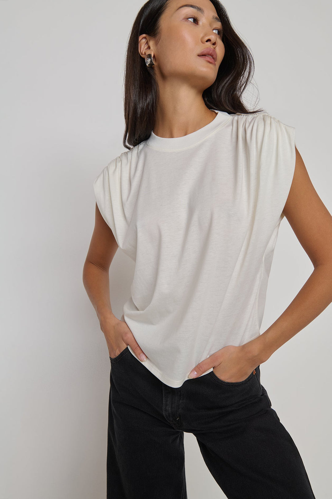 Nation LTD Frankie Muscle Tee in porcelain ivory pima cotton with shirred shoulders