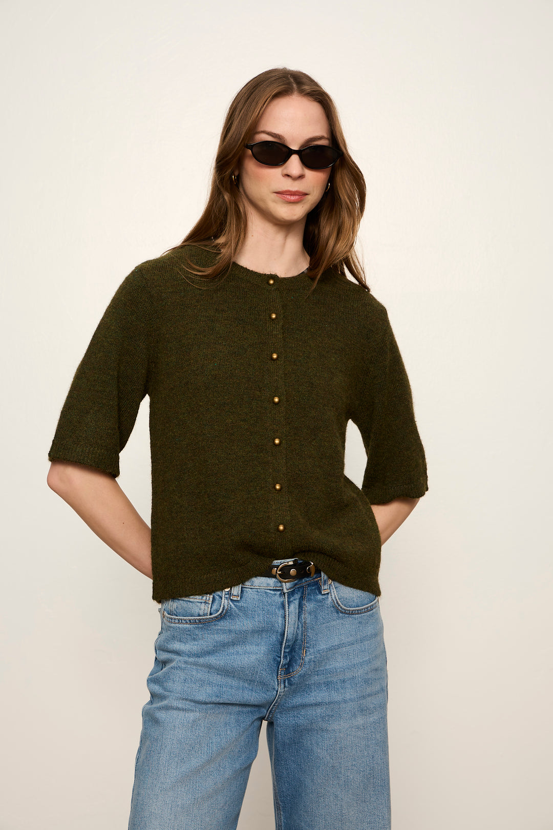 Sanctuary Short Sleeve Cardigan in Kalamata olive green button front